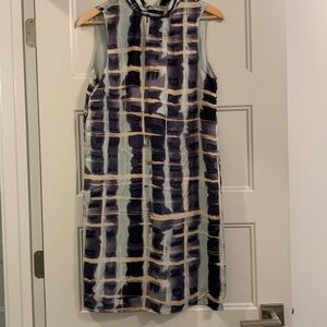 H&M watercolors in navy, beige and sage Shift dress. Ties at neck in back